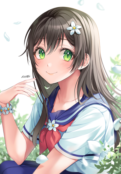 Anime picture 650x928 with bang dream! hanazono tae minori (faddy) single long hair tall image looking at viewer blush fringe smile hair between eyes brown hair white background green eyes signed payot outdoors arm up hair flower blurry