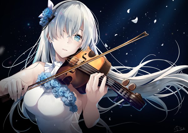 Anime picture 1200x849 with fate (series) fate/grand order anastasia (fate) hirai yuzuki single long hair looking at viewer fringe blue eyes signed silver hair upper body hair over one eye expressionless playing instrument girl earrings petals musical instrument stud earrings