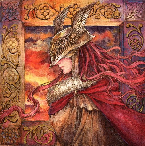 Anime picture 1000x1003 with elden ring malenia blade of miquella liuyuart single long hair tall image signed upper body red hair profile twitter username girl cape helmet