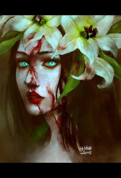 Anime picture 950x1400 with original nanfe single long hair tall image looking at viewer open mouth black hair signed hair flower aqua eyes realistic teeth lipstick dated portrait letterboxed red lipstick 2015 girl