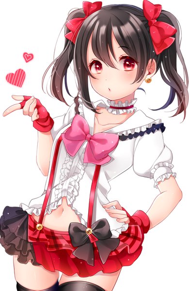 Anime picture 1200x1842 with love live! school idol project sunrise (studio) love live! yazawa nico shuga (0329tixi) single tall image looking at viewer blush fringe short hair black hair simple background hair between eyes red eyes white background twintails payot puffy sleeves thigh gap