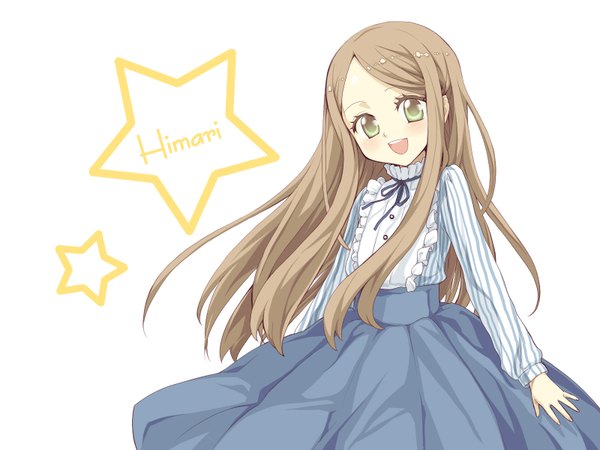 Anime picture 1600x1200 with mawaru penguindrum takakura himari oumi sanaka single long hair blush open mouth simple background brown hair white background green eyes loli character names girl dress star (symbol)