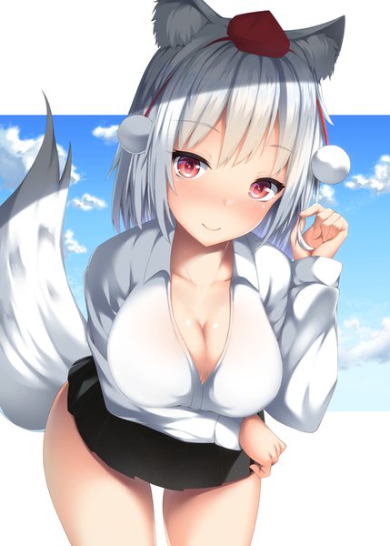 Anime picture 1036x1450 with touhou inubashiri momiji tatsumiya kagari single tall image looking at viewer blush fringe short hair breasts light erotic smile red eyes large breasts standing animal ears sky cleavage silver hair cloud (clouds)