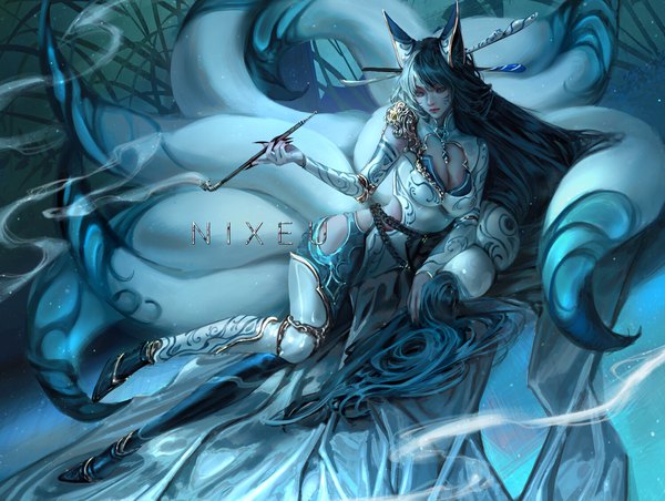Anime picture 1500x1129 with league of legends ahri (league of legends) nixeu single fringe breasts blue eyes light erotic black hair large breasts holding signed animal ears payot looking away cleavage full body tail very long hair nail polish