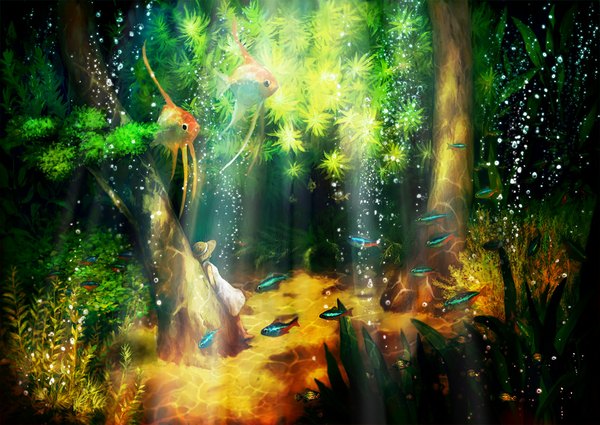 Anime picture 1000x709 with original toto mame single underwater scenic girl dress plant (plants) hat animal tree (trees) sundress bubble (bubbles) fish (fishes) goldfish