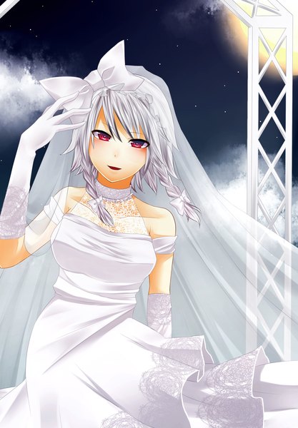 Anime picture 2097x3013 with touhou izayoi sakuya hyou haku single tall image blush highres short hair open mouth red eyes white hair braid (braids) twin braids girl dress gloves bow hair bow elbow gloves wedding dress