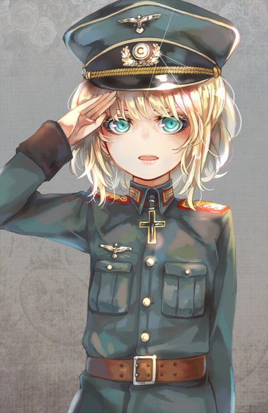 Anime picture 519x800 with youjo senki tanya degurechaff honoo (j1991713) single tall image looking at viewer short hair open mouth blonde hair standing upper body aqua eyes grey background sparkle salute military girl uniform military uniform peaked cap