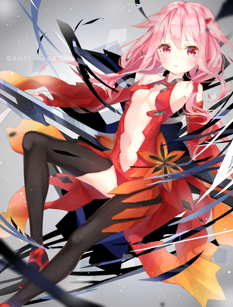 Anime picture 1438x1896 with guilty crown production i.g yuzuriha inori jimmy madomagi single long hair tall image looking at viewer blush fringe breasts light erotic simple background hair between eyes bare shoulders pink hair bent knee (knees) parted lips pink eyes grey background