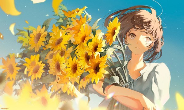 Anime picture 2635x1585 with original champi single highres short hair brown hair wide image brown eyes looking away upper body shaded face girl flower (flowers) petals bouquet sunflower