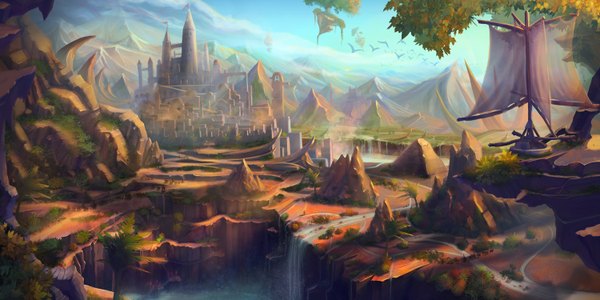 Anime picture 1500x750 with original aak365 wide image sky sunlight no people landscape waterfall animal water bird (birds) castle