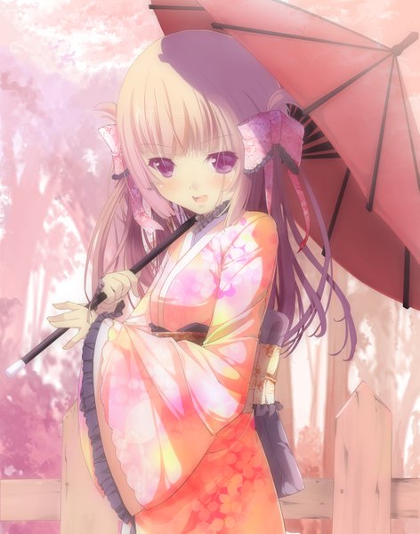 Anime picture 1181x1500 with original spirtie single long hair tall image looking at viewer brown hair purple eyes traditional clothes japanese clothes girl bow hair bow kimono umbrella