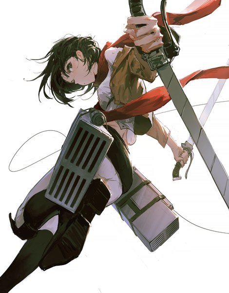 Anime picture 1500x1914 with shingeki no kyojin production i.g mikasa ackerman dino (dinoartforame) single tall image looking at viewer short hair black hair simple background white background holding looking back black eyes dual wielding girl uniform weapon sword scarf