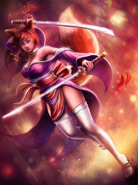 Anime-Bild 1200x1600 mit eddy-shinjuku single long hair tall image looking at viewer light erotic red eyes bare shoulders animal ears tail traditional clothes animal tail fox ears fox tail fox girl girl thighhighs weapon white thighhighs sword