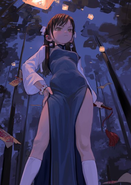 Anime picture 1000x1414 with original eyeball bracelet girl (fkey) fkey single long hair tall image blush fringe light erotic black hair standing holding brown eyes signed looking away sky outdoors long sleeves traditional clothes from below