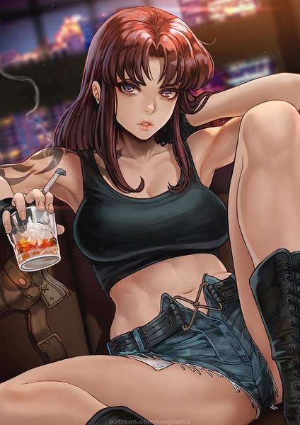 Anime picture 1000x1414 with black lagoon madhouse revy (black lagoon) magion02 single long hair tall image looking at viewer fringe light erotic brown hair sitting bare shoulders brown eyes indoors parted lips arm up armpit (armpits) midriff tattoo