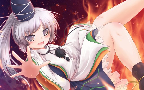 Anime picture 1600x1000 with touhou mononobe no futo lzh single long hair blush open mouth wide image white hair grey eyes outstretched arm girl fire