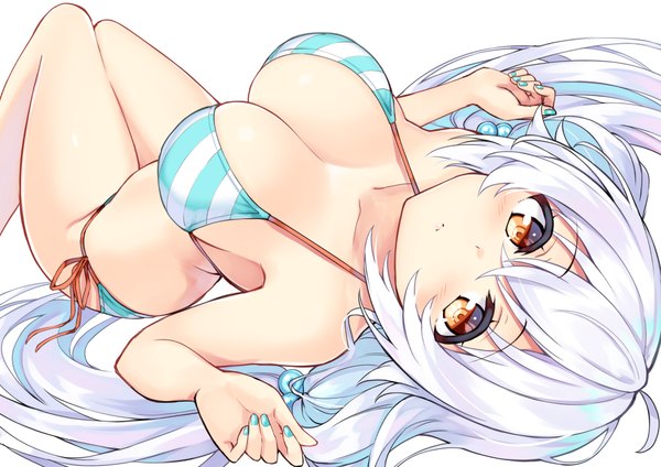Anime picture 1000x708 with cu-no rapua qive hisenkaede single long hair looking at viewer blush fringe breasts light erotic simple background hair between eyes large breasts white background twintails bare shoulders brown eyes payot cleavage silver hair