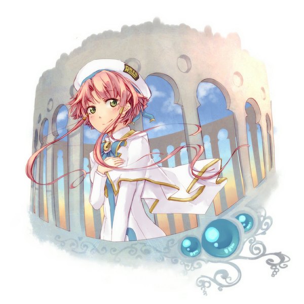 Anime picture 1155x1155 with aria mizunashi akari rl (artist) single blush short hair smile green eyes looking away pink hair sky cloud (clouds) wind girl beret