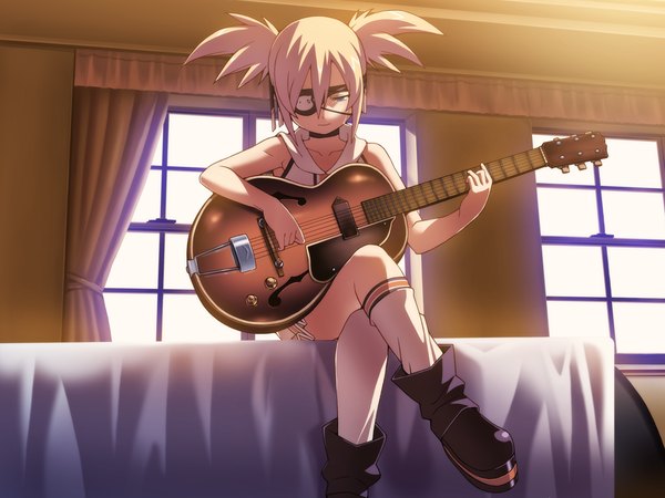 Anime picture 1024x768 with hotel (game) single blue eyes blonde hair sitting twintails game cg loli tears short twintails playing instrument girl thighhighs white thighhighs window eyepatch musical instrument guitar