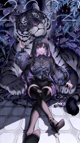 Anime picture 1080x1920 with original nardack single long hair tall image looking at viewer fringe breasts blue eyes black hair hair between eyes sitting full body nail polish multicolored hair arm up fingernails sunlight sparkle shadow