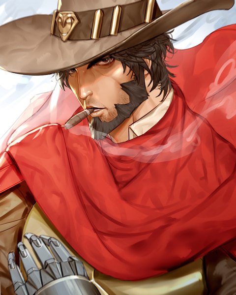 Anime picture 1200x1500 with overwatch blizzard entertainment mccree (overwatch) won jade single tall image looking at viewer short hair brown hair brown eyes portrait smoke serious smoking mechanical arms boy hat cape beard cowboy hat