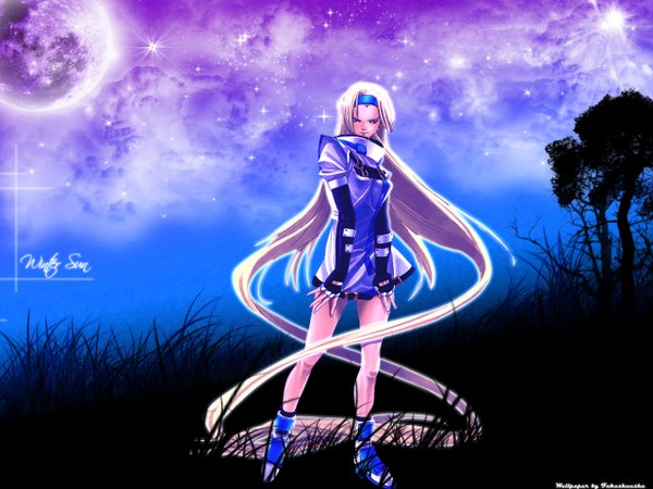 Anime picture 1280x960 with guilty gear millia rage fukushuusha single blue eyes blonde hair signed full body outdoors very long hair third-party edit girl plant (plants) tree (trees) moon headband grass full moon