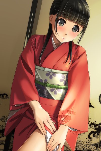 Anime picture 800x1200 with original matsunaga kouyou single long hair tall image looking at viewer blush fringe black hair blunt bangs traditional clothes japanese clothes fingernails black eyes wide sleeves floral print :p girl kimono tongue