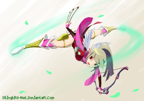 Anime picture 3508x2480 with dragon nest archer (dragon nest) divingbird-mat single long hair highres open mouth red eyes absurdres pointy ears grey hair girl bow (weapon) arrow (arrows)
