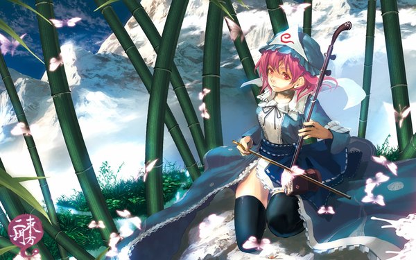 Anime picture 1000x625 with touhou saigyouji yuyuko katou taira single short hair red eyes wide image pink hair girl thighhighs dress black thighhighs plant (plants) frills insect butterfly bonnet bamboo