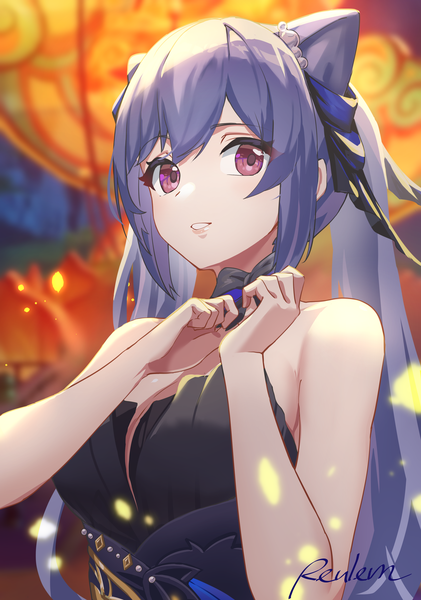Anime picture 2693x3842 with genshin impact keqing (genshin impact) keqing (opulent splendor) (genshin impact) reulem single long hair tall image looking at viewer blush fringe highres breasts light erotic hair between eyes large breasts purple eyes twintails bare shoulders signed payot