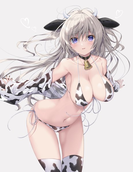 Anime picture 1576x2048 with original tanihara natsuki single long hair tall image looking at viewer fringe breasts light erotic simple background hair between eyes large breasts purple eyes signed animal ears nail polish horn (horns) grey hair grey background leaning