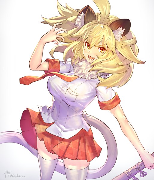 Anime picture 1000x1167 with kemono friends lion (kemono friends) takamine nadare single long hair tall image looking at viewer blush fringe breasts open mouth simple background blonde hair smile hair between eyes large breasts standing white background signed animal ears