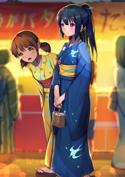 Anime picture 1000x1414 with hibike! euphonium kyoto animation kousaka reina oumae kumiko kr (sapphire) long hair tall image blush open mouth black hair smile brown hair purple eyes twintails multiple girls brown eyes ponytail traditional clothes japanese clothes girl