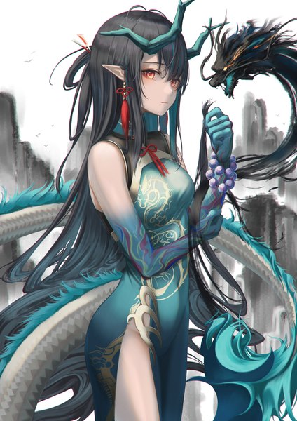 Anime picture 2894x4093 with arknights dusk (arknights) dusk (everything is a miracle) (arknights) yahiro single tall image looking at viewer fringe highres black hair hair between eyes standing brown eyes outdoors tail very long hair traditional clothes multicolored hair arm up horn (horns)