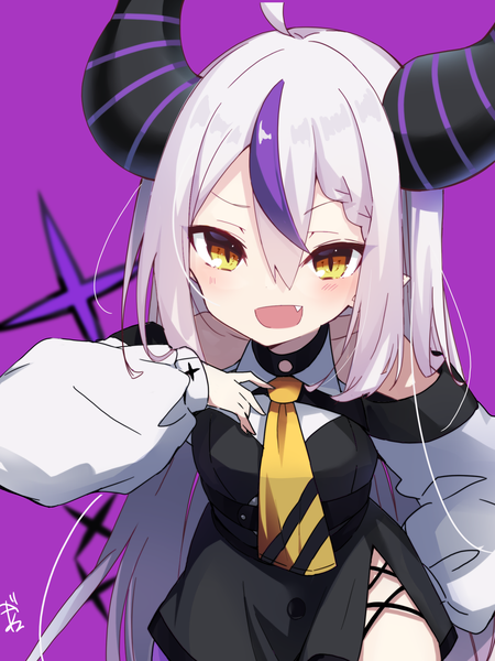 Anime picture 1500x2000 with virtual youtuber hololive la+ darknesss la+ darknesss (1st costume) amagasa nadame single long hair tall image blush fringe open mouth simple background hair between eyes bare shoulders yellow eyes silver hair ahoge :d multicolored hair horn (horns)