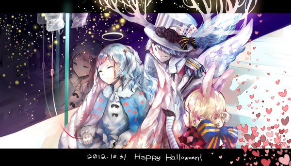 Anime picture 2800x1600 with original sevten (ashkeroth) long hair fringe highres blue eyes blonde hair smile wide image multiple girls blue hair purple hair eyes closed horn (horns) hair over one eye bunny ears reflection halloween happy halloween girl