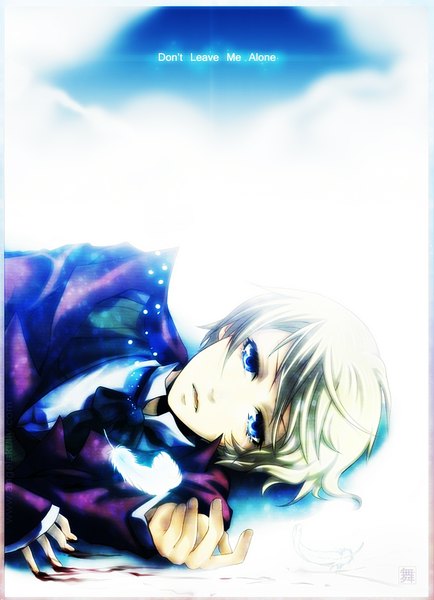Anime picture 1200x1657 with kuroshitsuji a-1 pictures alois trancy single tall image looking at viewer short hair open mouth blue eyes blonde hair lying inscription crying boy bowtie blood feather (feathers)