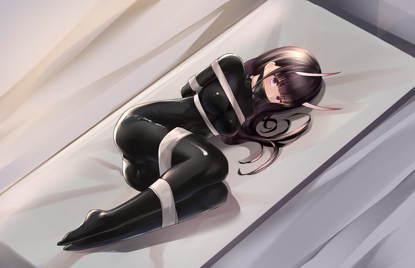 Anime picture 4553x2946 with azur lane noshiro (azur lane) zhadanzhawugui single long hair looking at viewer blush fringe highres breasts light erotic black hair large breasts purple eyes payot absurdres full body bent knee (knees) ass indoors