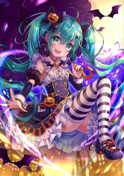 Anime picture 1360x1930 with hatsune miku graphy collection vocaloid hatsune miku shiori (xxxsi) single long hair tall image looking at viewer fringe open mouth hair between eyes twintails ahoge :d aqua eyes aqua hair depth of field outstretched arm halloween midair