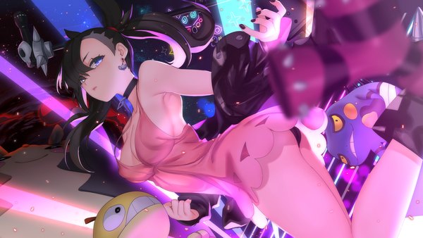 Anime picture 2400x1350 with pokemon pokemon swsh nintendo marnie (pokemon) morpeko croagunk scraggy pd (pdpdlv1) single long hair fringe highres breasts blue eyes light erotic black hair wide image large breasts twintails looking away