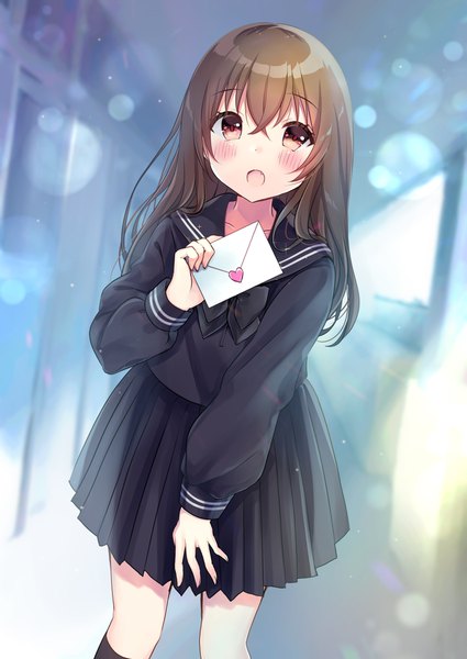Anime picture 1234x1742 with original minami saki single long hair tall image looking at viewer blush fringe open mouth smile hair between eyes red eyes brown hair standing holding payot indoors long sleeves pleated skirt blurry