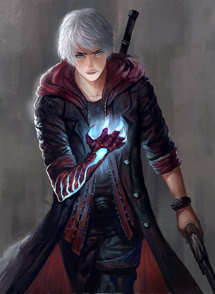 Anime picture 1000x1367 with devil may cry nero (devil may cry) diaodiao single tall image short hair blue eyes simple background white hair grey background twisty sleeves boy weapon bracelet gun cloak pistol devil bringer
