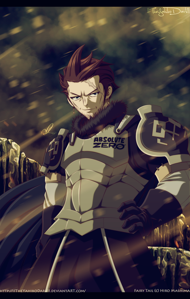 Anime picture 1600x2507 with fairy tail silver (fairy tail) iitheyahikodarkii single tall image short hair smile brown hair sky cloud (clouds) black eyes hand on hip coloring letterboxed scar boy earrings armor fur