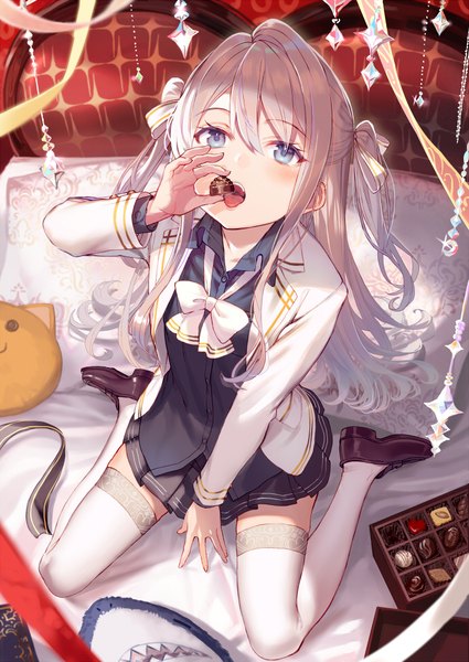 Anime picture 687x971 with original shirabi single long hair tall image blush fringe open mouth blue eyes hair between eyes sitting long sleeves pleated skirt fingernails grey hair blurry open clothes two side up wariza eating