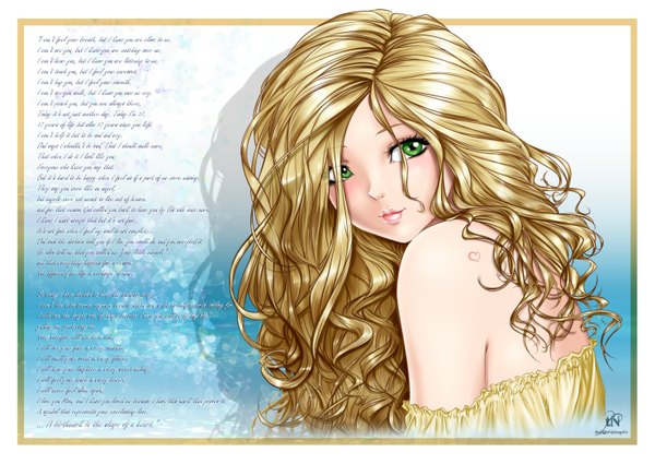 Anime picture 2950x2094 with original martina (thenightwishmaster) thenightwishmaster single long hair blush highres blonde hair bare shoulders green eyes looking away text border girl clothes