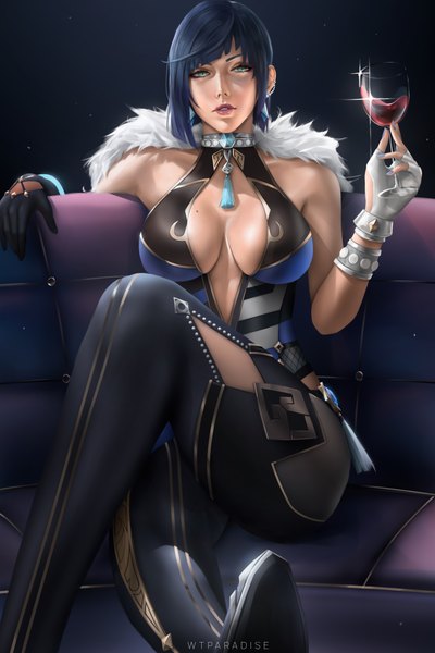Anime picture 3360x5040 with genshin impact yelan (genshin impact) wtparadiseart single tall image looking at viewer fringe highres short hair breasts light erotic black hair simple background large breasts sitting holding signed absurdres blunt bangs nail polish