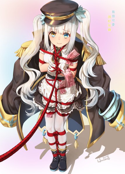 Anime-Bild 1200x1678 mit virtual youtuber kagura mea channel kagura mea haneru single long hair tall image looking at viewer blush fringe blue eyes light erotic simple background smile standing twintails holding signed yellow eyes payot