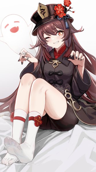 Anime picture 1872x3356 with genshin impact hu tao (genshin impact) boo tao (genshin impact) nagata gata single long hair tall image looking at viewer fringe highres smile red eyes brown hair sitting twintails full body nail polish traditional clothes one eye closed no shoes