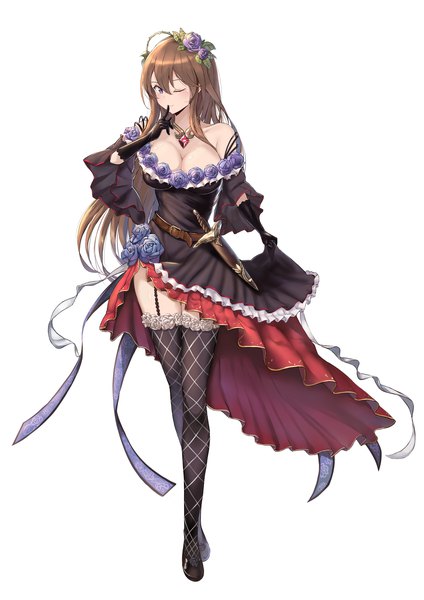 Anime picture 2894x4093 with granblue fantasy rosetta (granblue fantasy) i.f.s.f single long hair tall image looking at viewer blush fringe highres breasts blue eyes light erotic simple background hair between eyes brown hair large breasts white background purple eyes bare shoulders