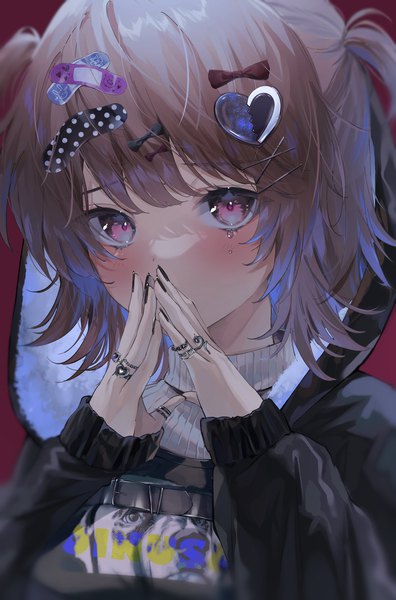Anime picture 1350x2048 with original harui (hr x9 ) single tall image looking at viewer blush fringe short hair brown hair purple eyes upper body blunt bangs long sleeves nail polish fingernails arms up two side up sleeves past wrists covered mouth black nail polish